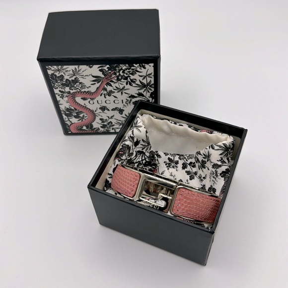 GUCCI Silver And Pink Snake Print Leather Bangle Cuff Bracelet - Picture 4 of 13
